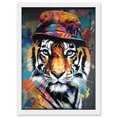 thumbnail image 1 of Tiger Wearing a Bucket Hat Vibrant Multicoloured Artwork Framed Wall Art Print A4, 1 of 4