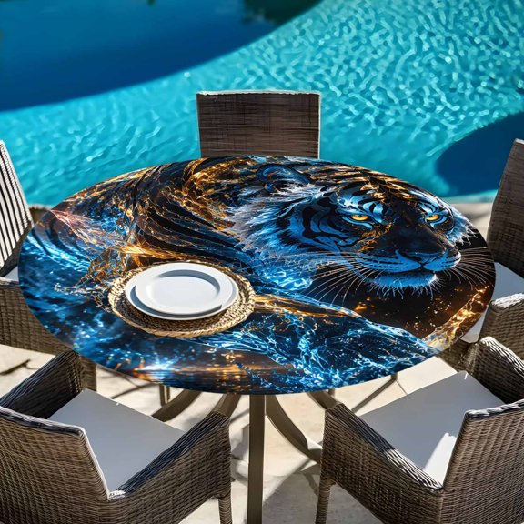 Tiger Wildlife Animal PatternRound Fitted Tablecloth with Elastic Edge,Waterproof Table Cloth Fits 45"-54" Tables,Wipeable Washable Table Cover for Indoor Outdoor Dinning Party,Glowing Blue Gold