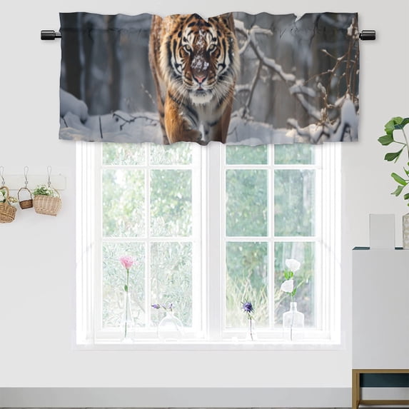 Tiger Window Curtain Valances Wildlife Forest Tree Snow Winter Nature Scenery Window Valance for Living Room Bathroom Bedroom, Kitchen Valance Rod Pocket Window Decor Curtain 54 by 18 in, 1 Panel