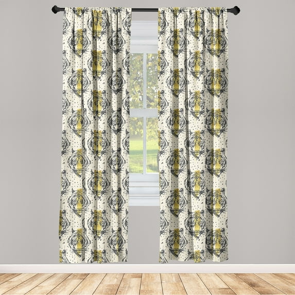 Tiger Window Curtains, Wild Cat of Tropical Jungles Animal with Dotted Background Modern Art, Lightweight Decor 2-Panel Set with Rod Pocket, Pair of - 28"x84", Cream Mustard Dark Grey, by Ambesonne