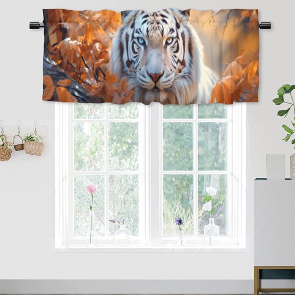 Tiger Window Valances Autumn Forest Tiger with Leaves Woodland Animal Rod Pocket Valances for Kitchen, Bathroom, Living Room 54x18inch(1Pcs)