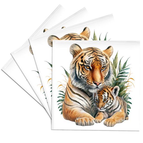 Tiger With A Baby Tiger Illustration, set of 4 Ceramic Tile Coasters