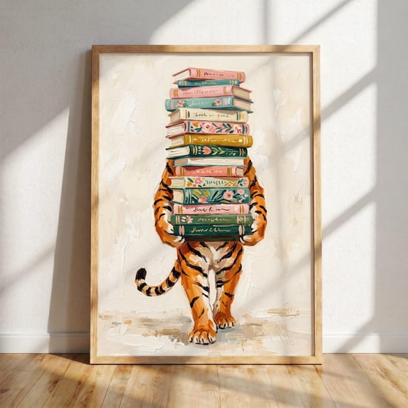 Tiger With Stack Of Books Poster, Lover, Bookish, Reading, Bookworm ...