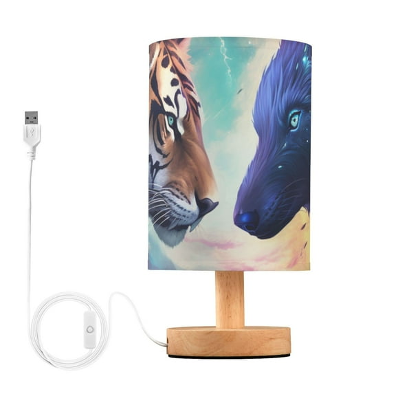 Tiger Wolf Table Lamp USB Bedside Desk Nightstand Lamp Printed Gifts Small Lamp Wood Base for Bedroom Living Room Kids Room College Dorm