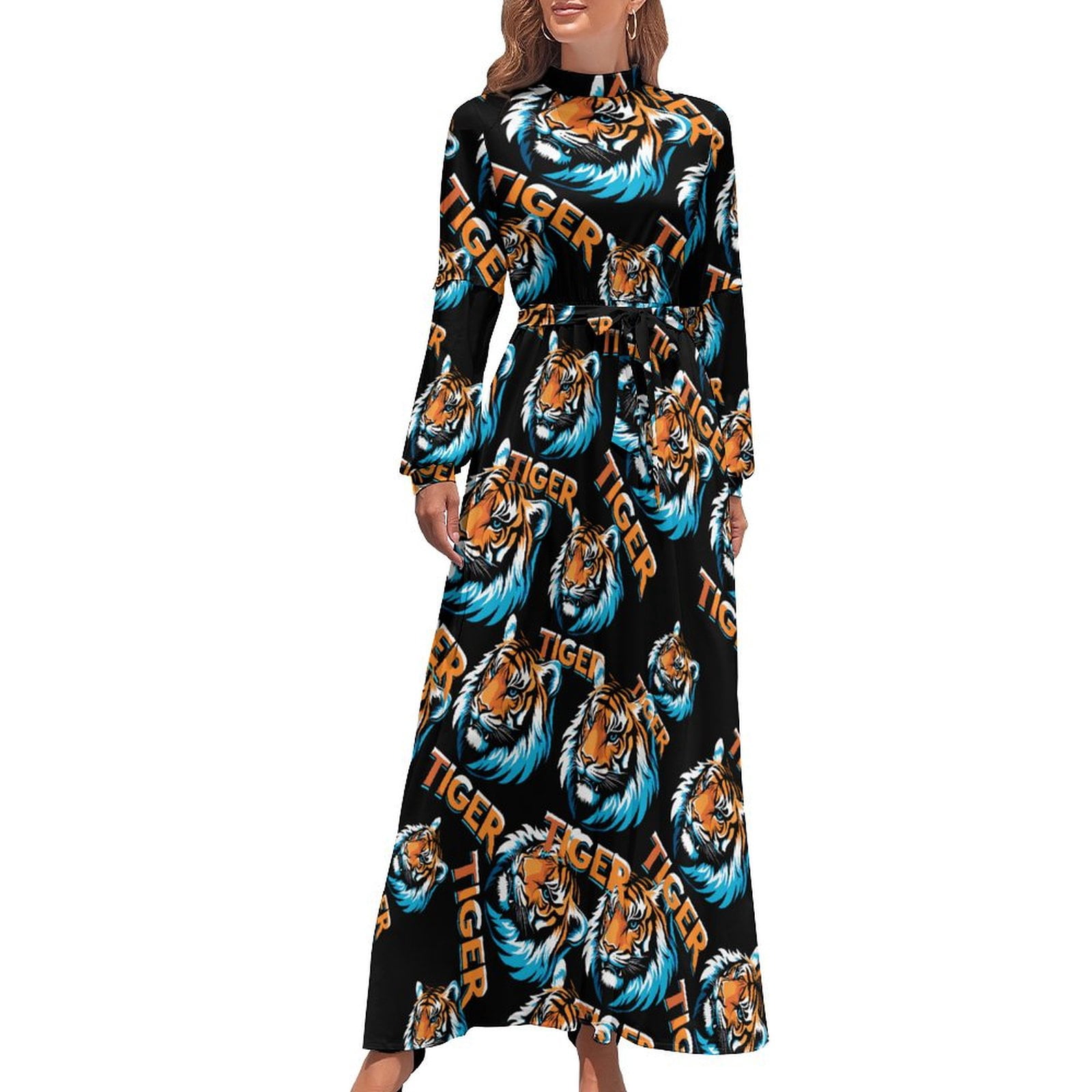 Tiger Women's Fall Maxi Dress Long Sleeve Turtleneck Flowy Smocked Tie