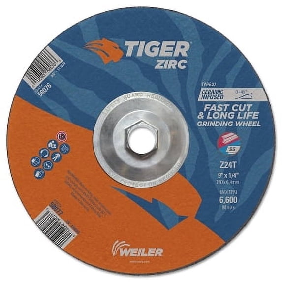 Tiger Zirc Grinding Wheel, 4-1/2 in Dia, 1/4 in Thick, 7/8 in Arbor | Bundle of 5 Packs