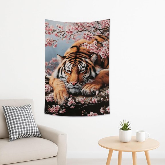 Tiger and Cherries Blossoms Tapestry, Orange Peach Floral Wall Hanging, Spring Aesthetic Decor for Bedroom, Living Room, Office 40x60 Inch
