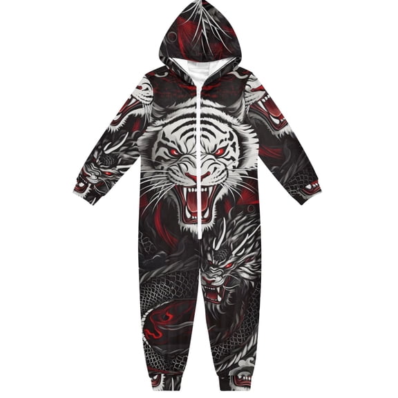 Tiger and Dragon One Piece Pajamas Soft Jumpsuit Cozy Sleep and Play Romper Zipper and Pockets 5-6T