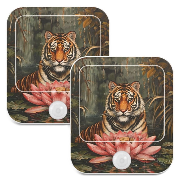 Tiger and Flower 2 Pack LED Motion Sensor Night Light Plug into Wall Auto Dusk to Dawn Adjustable Brightness for Kids Bedroom Hallway Nursery Room