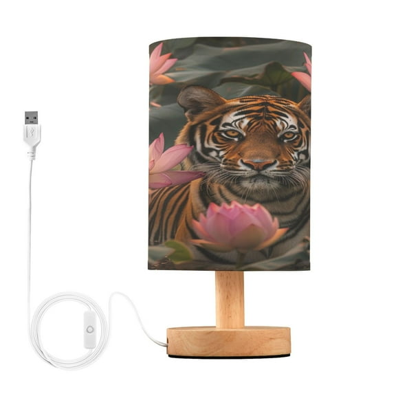 Tiger and Flowers Bedside Table Lamp Desk Warm Lights with USB Charging Port Cylinder LED Lamps for Bedroom Living Room Office