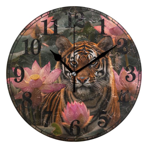 Tiger and Flowers Silent Wall Clock 10" Non-Ticking Battery Clock