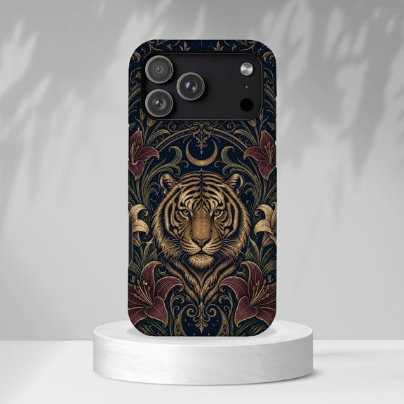 Tiger and Ornate Floral Scroll Phone Case, Navy Blue, Polycarbonate and TPU, for Apple iPhone Series