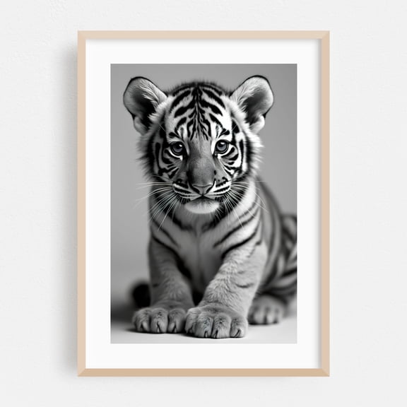 Tiger cub - Photography Tiger Black and White Animal Wildlife Portrait Nature Oak Framed Wall Art Print 24 x 36 inches