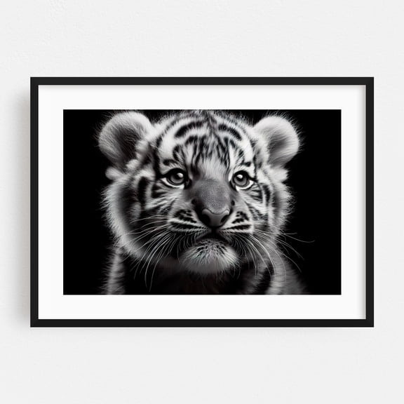 Tiger cub in close-up 02 - Photography Tiger Animal Wildlife Portrait Black and White Nature Illustration Black Framed Wall Art Print 16 x 24 inches