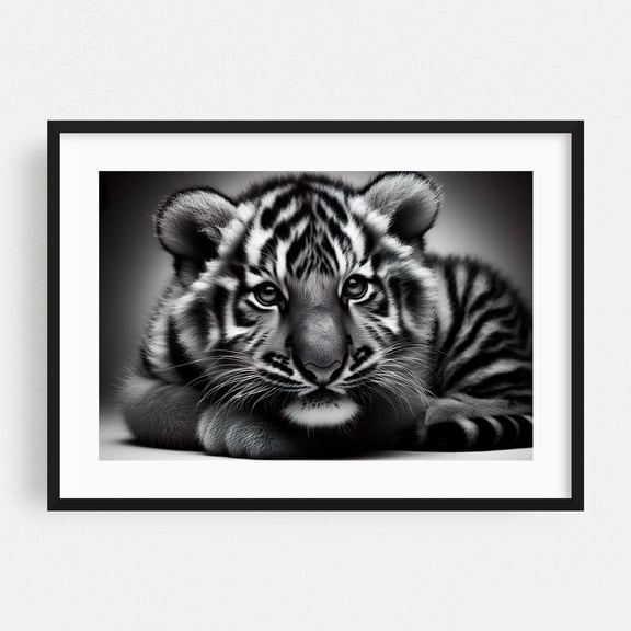 Tiger cub in close-up 03 - Photography Tiger Wildlife Animal Black and White Portrait Nature Illustration Black Framed Wall Art Print 12 x 18 inches