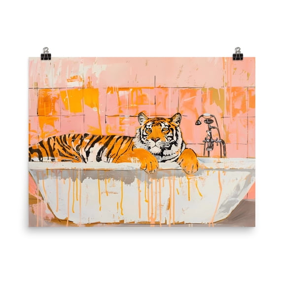 Tiger in Bath Tub Painting Poster Print Boho Home Decor Maximalist Design Wall Art (18″×24″)