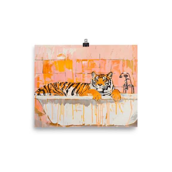 Tiger in Bath Tub Painting Poster Print Boho Home Decor Maximalist Design Wall Art (8″×10″)