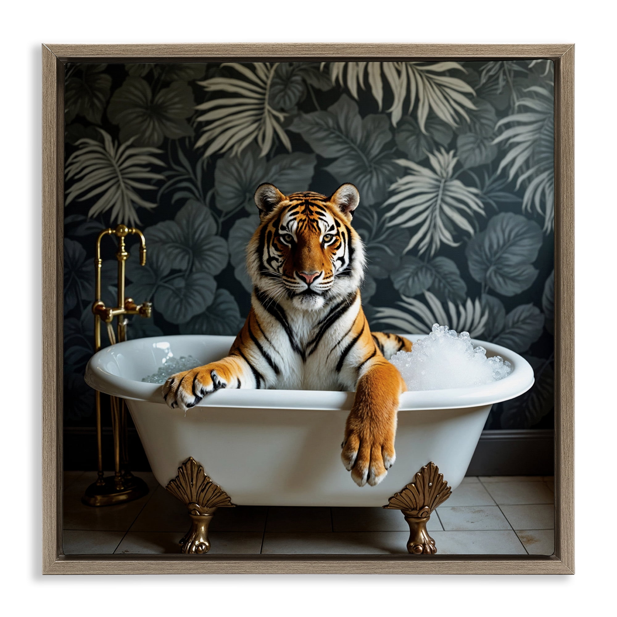 Tiger in Exotic Bubble Bath Brown Framed Floater Canvas Wall Art, design by Lettered and Lined