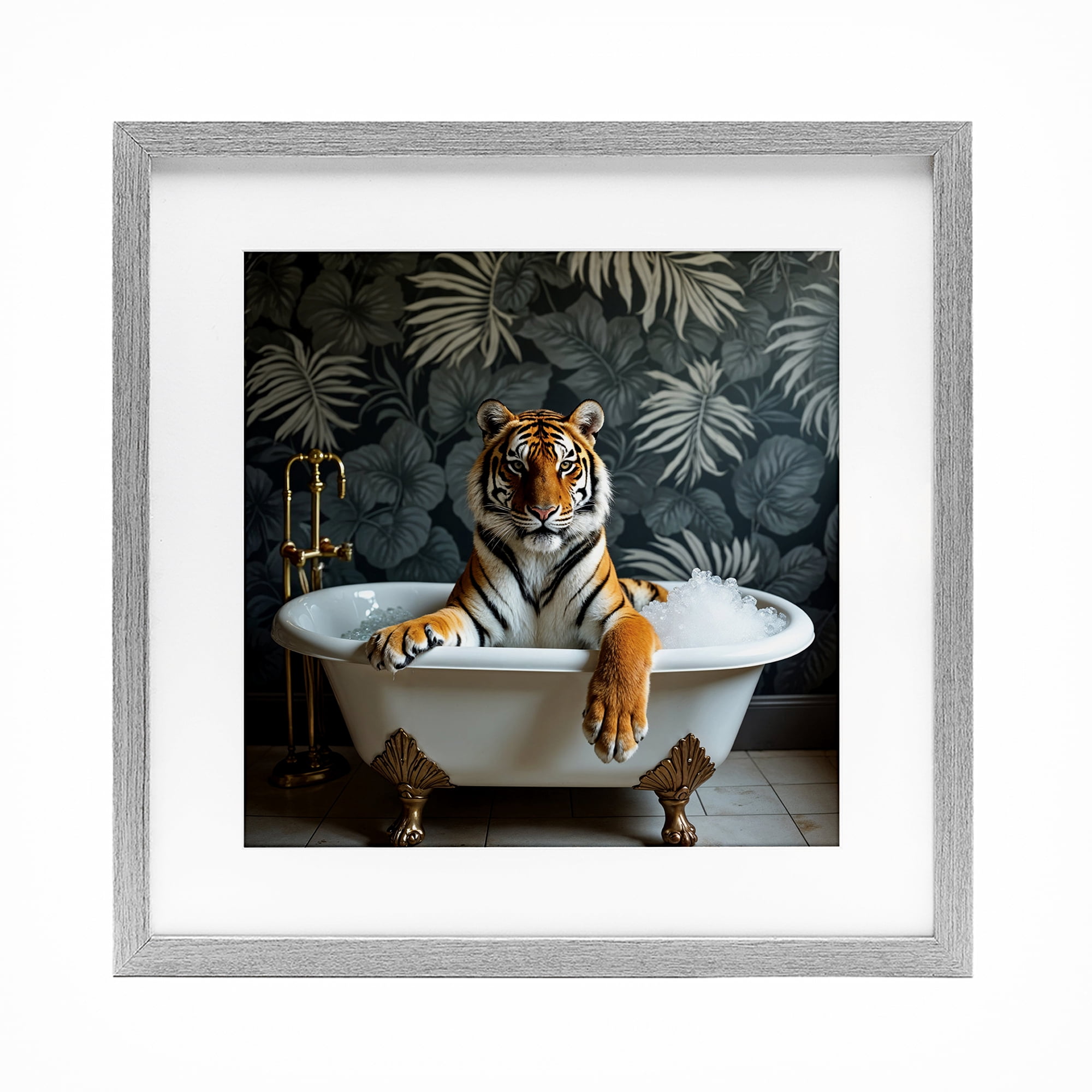 Tiger in Exotic Bubble Bath Gray Framed Print Under Glass, design by Lettered and Lined