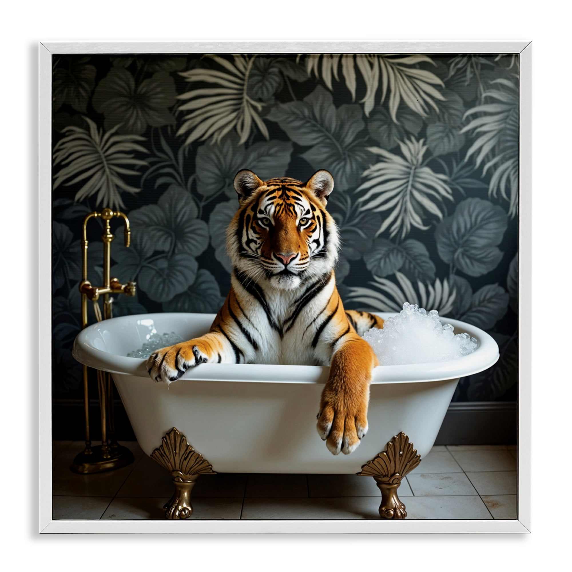 Tiger in Exotic Bubble Bath White Framed Giclee Art, design by Lettered and Lined