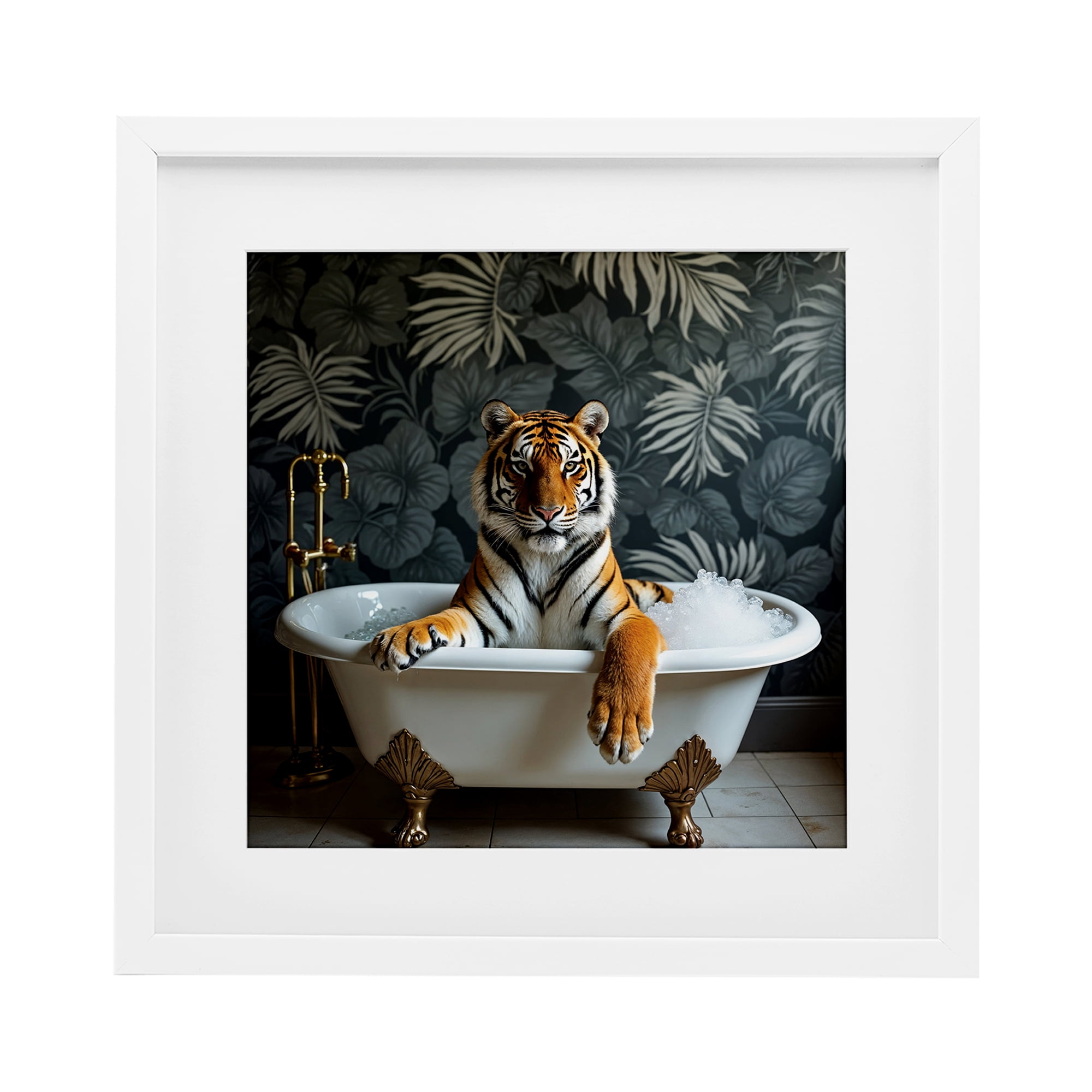 Tiger in Exotic Bubble Bath White Framed Print Under Glass, design by Lettered and Lined