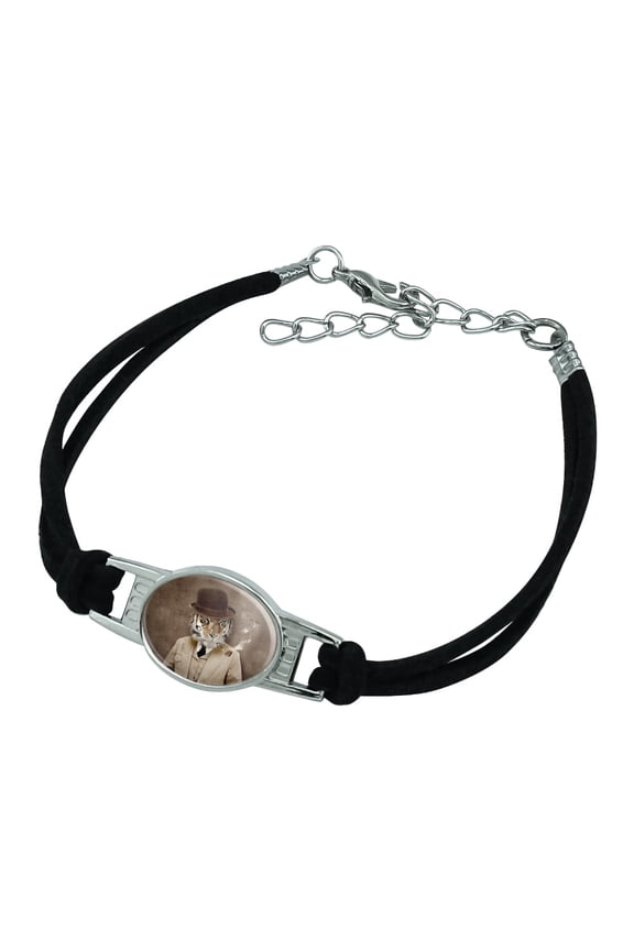 Tiger in Hat and Suit Smoking Pipe Novelty Suede Leather Metal Bracelet
