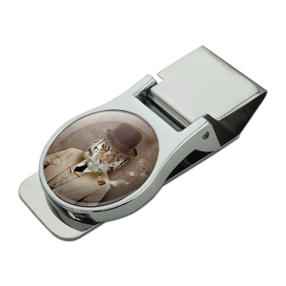 Tiger in Hat and Suit Smoking Pipe Satin Chrome Plated Metal Money Clip