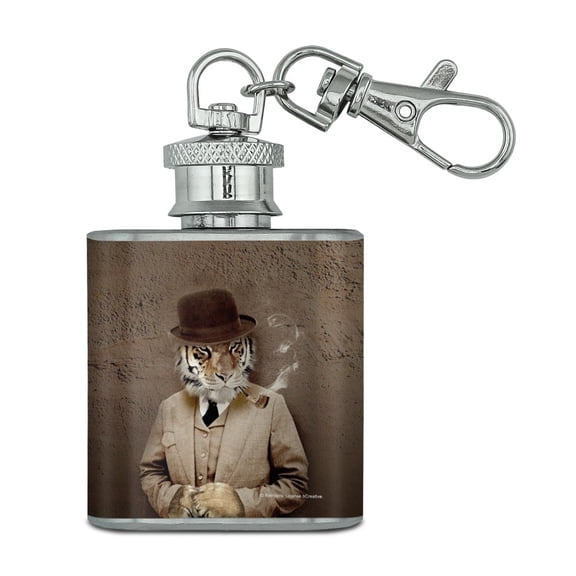 Tiger in Hat and Suit Smoking Pipe Stainless Steel 1oz Mini Flask Key Chain
