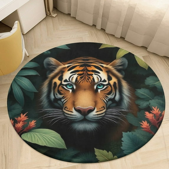 Tiger in Jungle Leaves(3) Round Area Rugs for Bedroom Living Room, 5FT Soft Indoor Circle Carpets, Carpet Home Decor Floor Mat