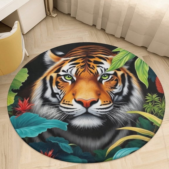 Tiger in Jungle Leaves(4) Round Area Rugs for Bedroom Living Room, 4FT Soft Comfy Indoor Circle Carpets, Floor Mat