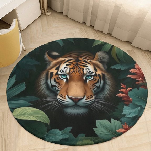 Tiger in Jungle Leaves Round Area Rugs for Bedroom Living Room, 4FT Soft Comfy Indoor Circle Carpets, Floor Mat