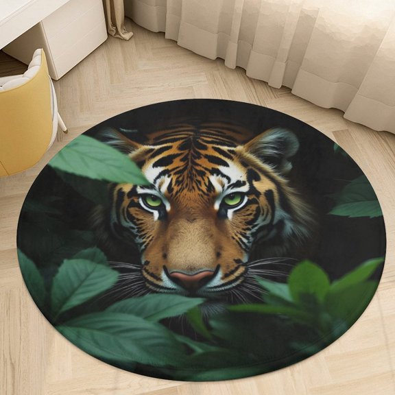 Tiger in Jungle Leaves Round Area Rugs for Bedroom Living Room, 4FT Soft Comfy Indoor Circle Carpets, Floor Mat