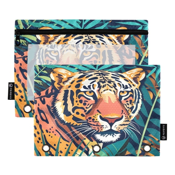 Tiger in Leaves 2 Pack Pencil Pouch for 3 Ring Binder Smooth Zipper Folders with Pockets Clear Window Pencil Case