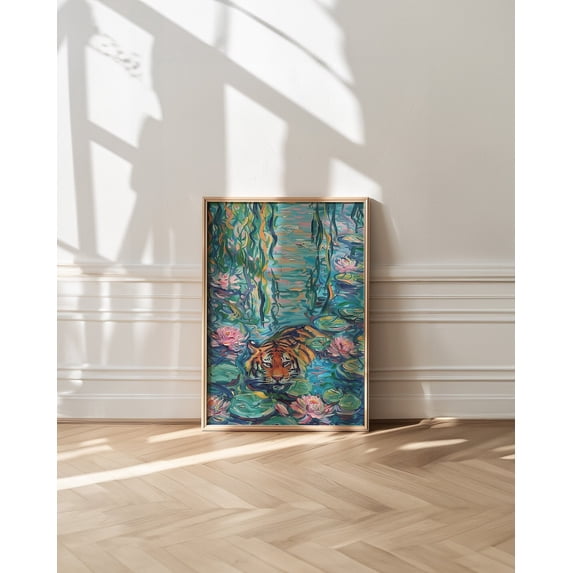 Tiger in Lily Pond Impressionist Nature Decoration, Unframed Canvas 16x20in