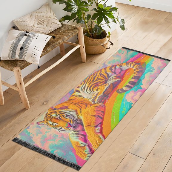 Tiger in Rainbow Clouds Runner Rug Machine Washable Area Rugs Carpet Non Slip Entryway Mat for Bedroom Entryway Front Door