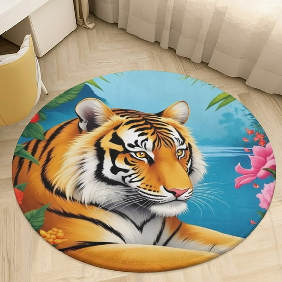 Tiger in Tropical Floral Frame Round Area Rugs for Bedroom Living Room, 5FT Soft Indoor Circle Carpets, Carpet Home Decor Floor Mat