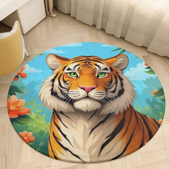 Tiger in Tropical Jungle Round Area Rugs for Bedroom Living Room, 4FT Soft Comfy Indoor Circle Carpets, Floor Mat