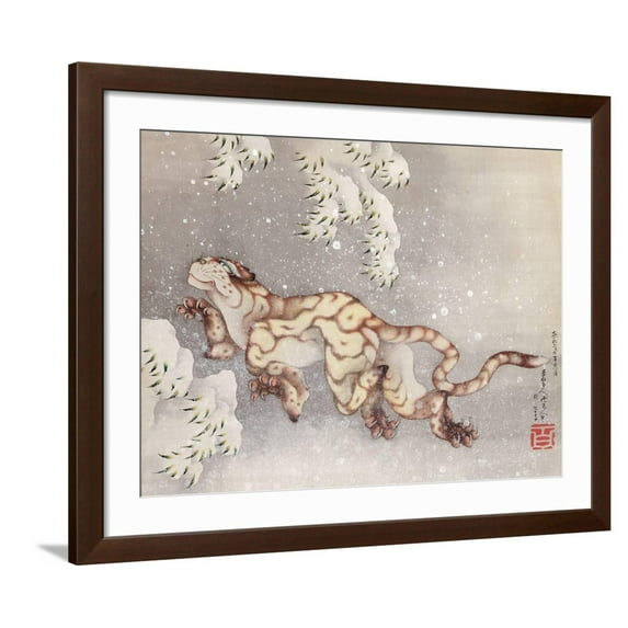 Art.com Tiger in a snowstorm. Edo Period, 1849 Giclee Print by Katsushika Hokusai, Brown Frame Wall Art, 40" x 32"