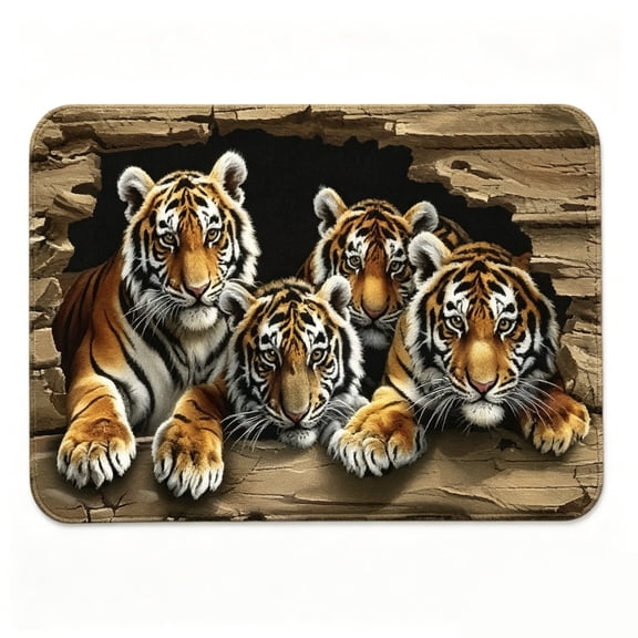 Tiger in the Stone Crack Floor Mat 3D Broken Wall Animal Novelty Rug