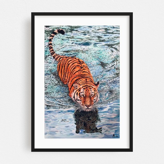 Tiger in the water - Painting Tiger Wildlife Nature Water Scenic Modern Art Black Framed Wall Art Print 5 x 7 inches