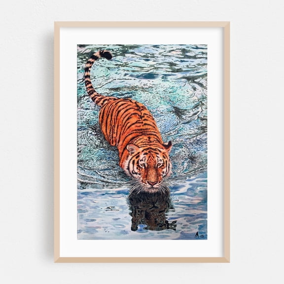 Tiger in the water - Painting Tiger Wildlife Nature Water Scenic Modern Art Oak Framed Wall Art Print 5 x 7 inches