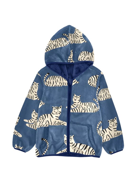 Tiger on Blue Toddler Fleece Hooded Jacket Zip Warm Coat 3T