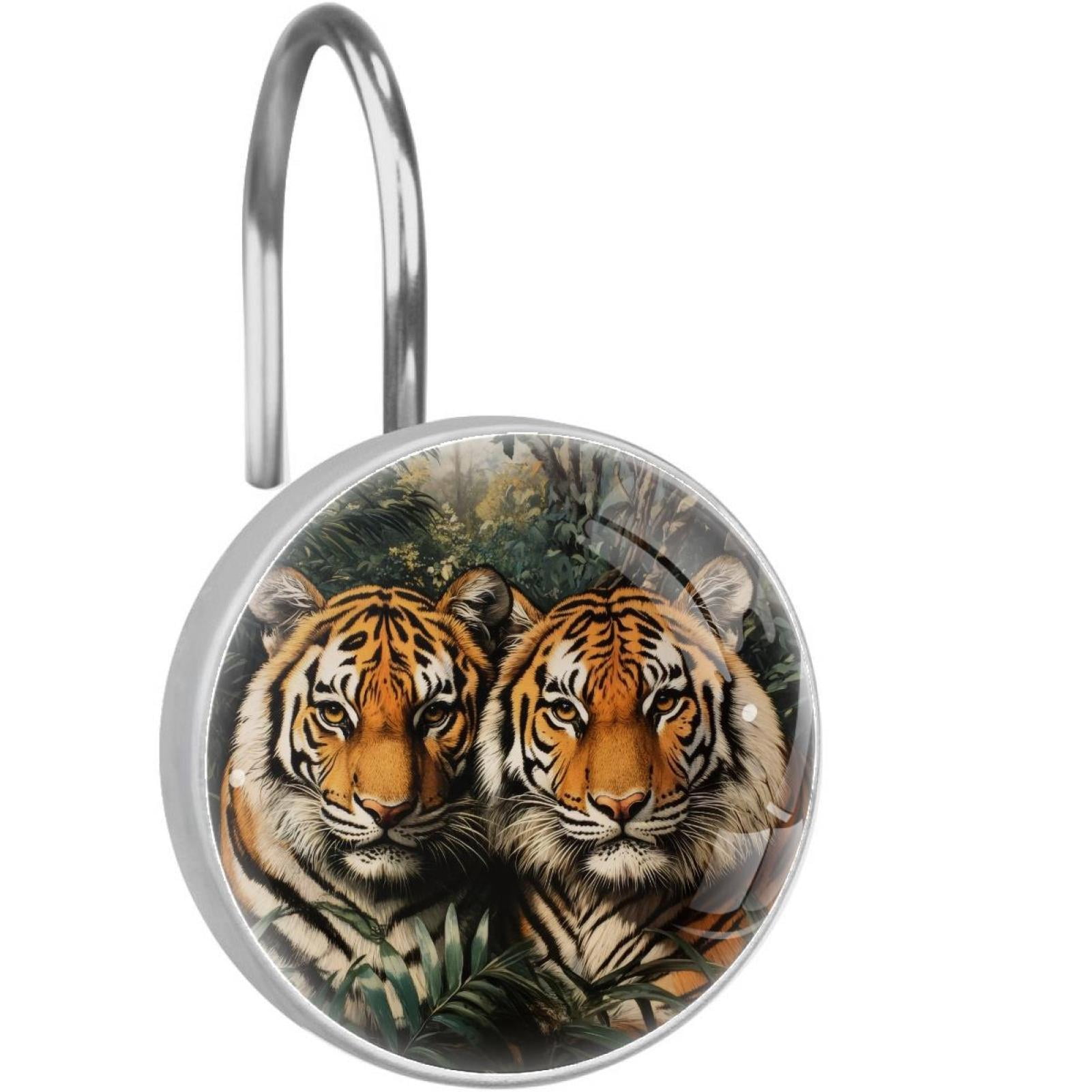 Tiger on Forest Shower Curtain Hooks Round Crystal Glass, Set of 12 Shower Curtain Rings - Shower Hooks for Curtain Shower Rings