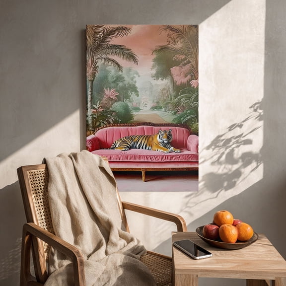 “Tiger on Pink Velvet Sofa with Tropical Backdrop (Luxury Tone)” Eclectic Canvas Wall Art Ready to Hang for Living Room and Bedroom