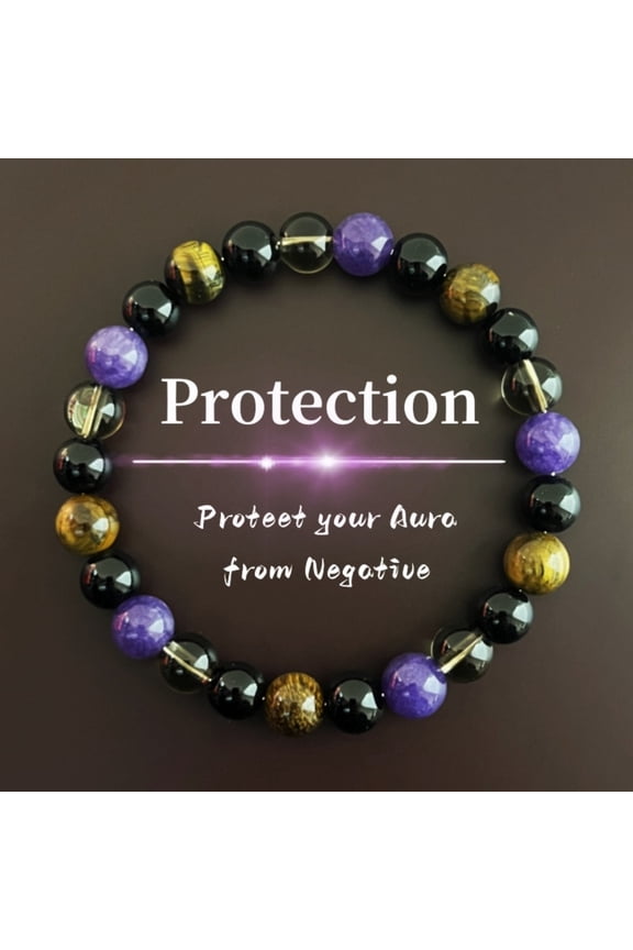 Tiger's Eye Beaded Bracelet 8 mm Stretchy Healing Crystal Jewelry for Men and Women, Fashion Accessory for Energy Balancing with Gift Box (Purple & Brown)