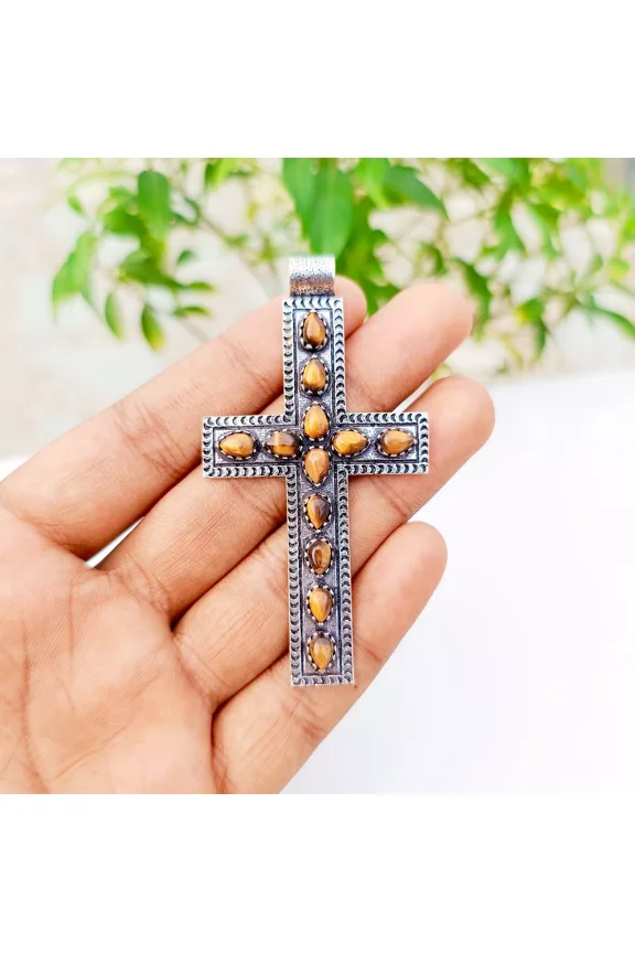 Tiger's Eye Cross Pendant 925 Sterling Silver Handmade Gemstone Jewelry 2.83"