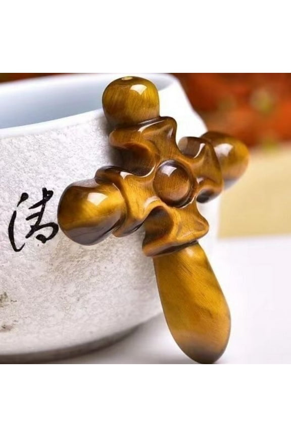 Tigers Eye Cross Pendant Unisex Natural Stone Adjustable Jewelry Gift