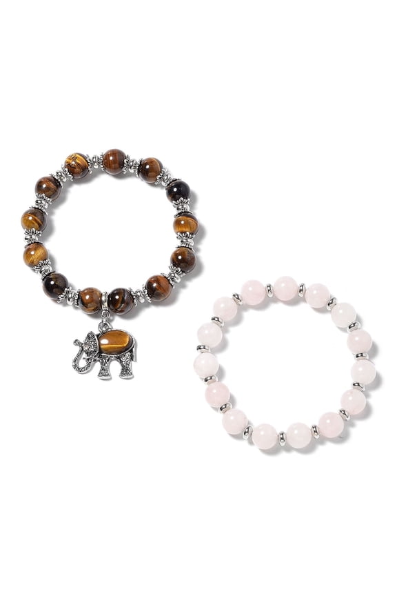 Tiger's Eye Elephant Charm and Rose Quartz Beaded Stretchable Bracelet for Women Set of 2 Birthday Christmas Gifts for Women