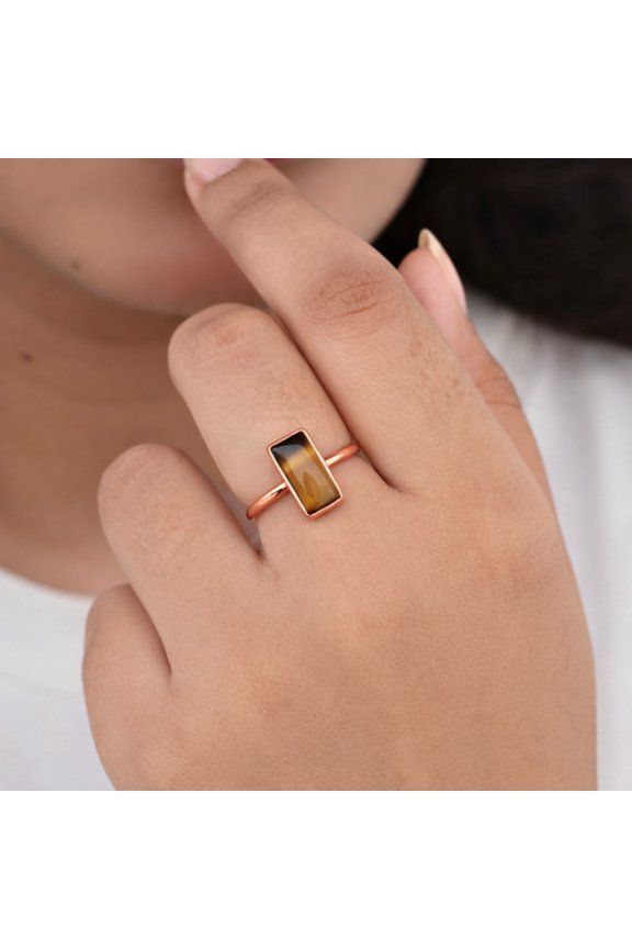 Tiger’s Eye Pure Copper Ring – Rectangle Gemstone Ring – Minimalist Brown Statement Ring