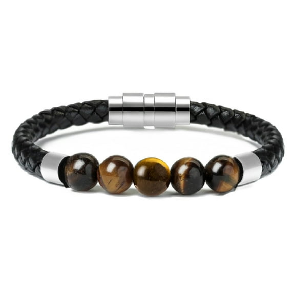 Tiger's Eye Stone Beaded & Faux Leather Braided Bangle Memorial Jewelry Funeral Urns Bracelet for Cremation Ashes Keepsake